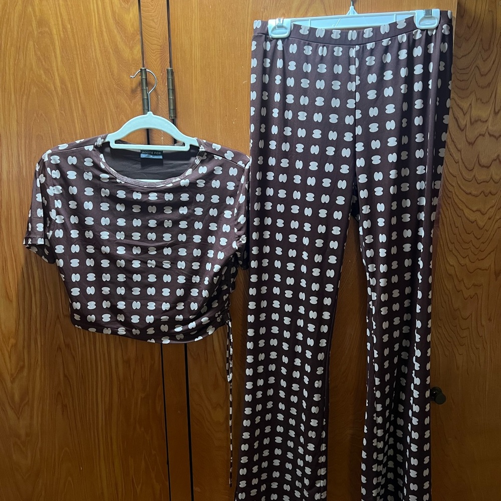 Nasty Gal Chocolate and Cream Patterned Flare Set